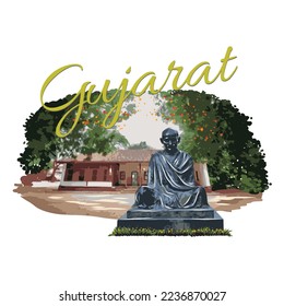 Banner for the Indian State Gujarat with the illustration of Gandhi statue and the the Sabarmati   ashram in the background.