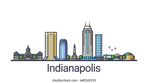 Banner of Indianapolis city in flat line trendy style. Indianapolis city line art. All buildings separated and customizable.