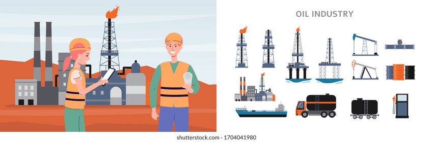 Banner and infographic elements set for oil production and petroleum extraction industry, flat vector illustration. Fuel refining and drilling technology.