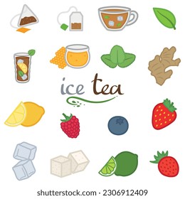 Banner with ingredients for iced tea on white background