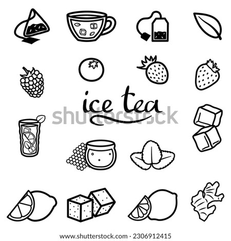 Banner with ingredients for iced tea on white background