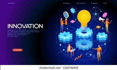 Banner innovation concept. Modern business technology. People interact with gears and lamp. 3D vector isometric illustration.