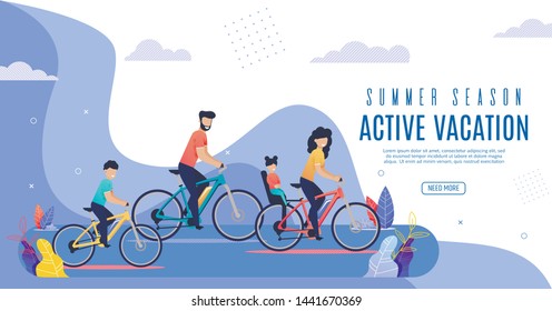 Banner Inschriftenkunde Aktive Ferien Sommersaison. Aktive Bilder von Eltern und Kindern. Mapa Lucky Tochter auf Trunk Bike, Papa Son Riding entlang Park gegen Backdrop Wolken. Vektorillustration Illustration.