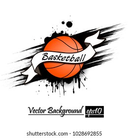 Banner the inscription basketball on the background abstract basketball ball from blots. Grunge style. Vector illustration