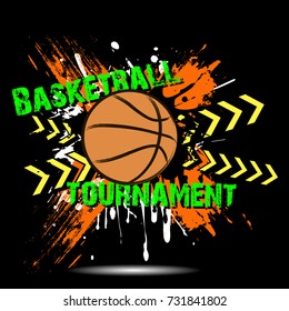 Banner the inscription basketball tournament on the background abstract basketball ball from blots. Grunge style. Vector illustration