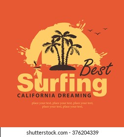 A banner with the inscription The best surfing in California with a wave and surfer