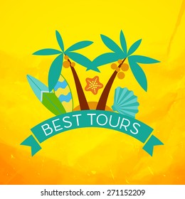 Banner with the inscription best tours, palm trees, shells and surfboard at sunset. Can be used as a logo or a sign of a travel company, as well as for the design of flyers Flier last minute tour
