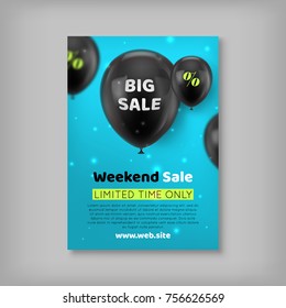 Banner inscription big sale. Notification of a weekly sale, limited in time offer. Vector illustration, black balls on a blue background. Information about discounts, favorable offers