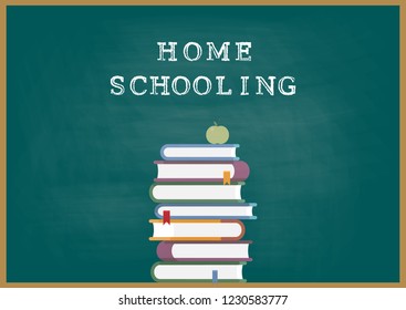 Banner with an inscription with the chalk homeschooling and colorful books.