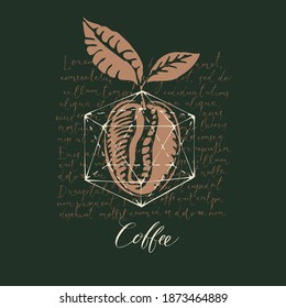 Banner with the inscription Coffee, a brown coffee bean and a polytope drawing on the background of handwritten text Lorem ipsum. Creative vector illustration in retro style on a black backdrop