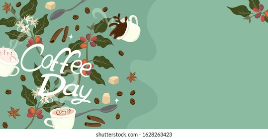 Banner with the inscription coffee day. Coffee attributes. Vector graphics.