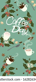 Banner with the inscription coffee day. Coffee attributes. Vector graphics.