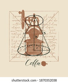 Banner with the inscription Coffee, a hand-drawn coffee grinder and a cone on the background of handwritten text Lorem ipsum. Creative vector illustration on an old paper background in vintage style