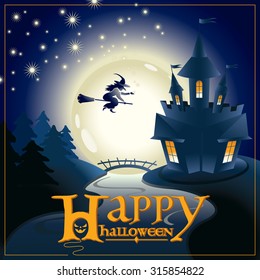 banner with the inscription congratulation "Happy Halloween" with a picture of castle and forests, moon in the night, starry sky, river bridge and flying on broomstick witch