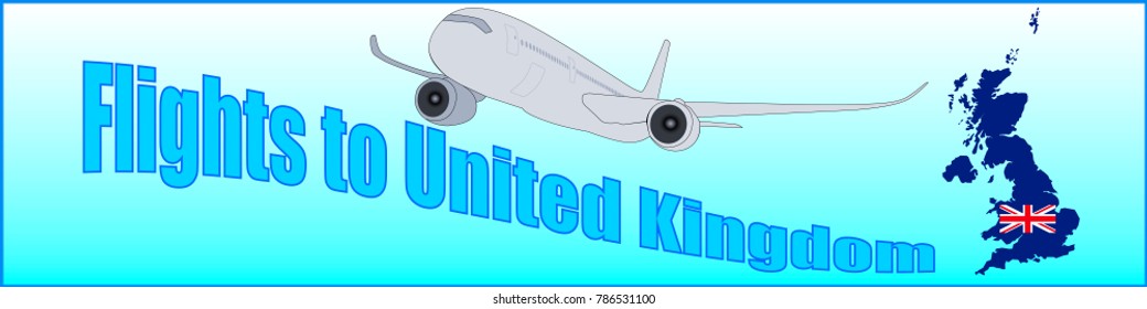 Banner with the inscription Flights to United Kingdom on a blue background