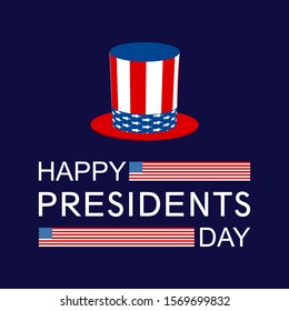 banner with the inscription happy presidents day with USA flags and Uncle Sam's hat on a dark blue background