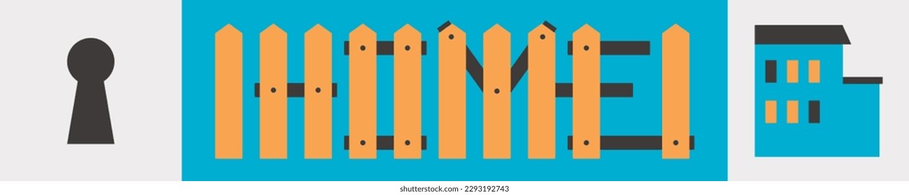 A banner with the inscription of the Home from the planks of the fence. A set of images about housing. Cottage with light in the windows. An illustration in a geometric style of flat graphics.