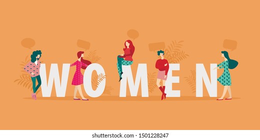Banner Inscription in Large Letters Woman Flat. Mutual Understanding and Ease Communication Smooth Misunderstandings. Girls Stand Near Large Letters on an Orange Background. Vector Illustration.