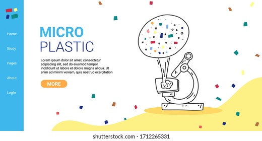 Banner inscription micro plastic, landing page. Plastic pollution is global. Look at particles plastic through microscope. Particles synthetic debris are coated with bacterial plaque.