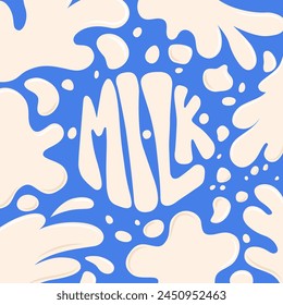 Banner with the inscription milk, surrounded by flashes and blots. National Milk Day is January 11th. Background for farmers and grocery stores. Vector illustration isolated on blue background.