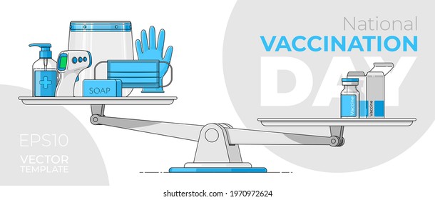 Banner with inscription NATIONAL VACCINATION DAY. Vector illustration with covid vaccine bottle on scales in flat style with an outline. Personal protective equipment template for medical infographic.