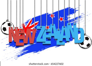 Banner the inscription New Zealand and ball hang on the ropes on the background of the New Zealand flag. Vector illustration