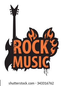banner with the inscription of rock music in the fire with electric guitar