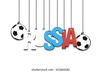 Banner the inscription Russia and ball hang on the ropes. Vector illustration
