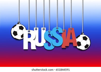 Banner the inscription Russia and ball hang on the ropes. Vector illustration