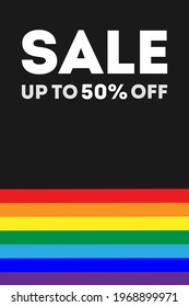 banner with the inscription "sale up to 50%" on a black background with a horizontal rainbow