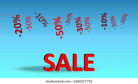 Banner with the inscription SALE on a light blue background. Different numbers with percentages hang on a rope. Suitable for website and advertising campaign with discounts.