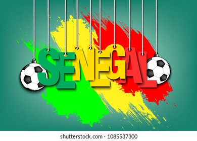 Banner the inscription Senegal and ball hang on the ropes on the background of the Senegal flag. Vector illustration
