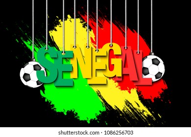 Banner the inscription Senegal and ball hang on the ropes on the background of the Senegal flag. Vector illustration