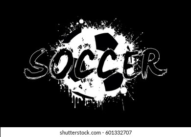 Banner the inscription soccer on the background abstract soccer ball from blots. Grunge style. Vector illustration