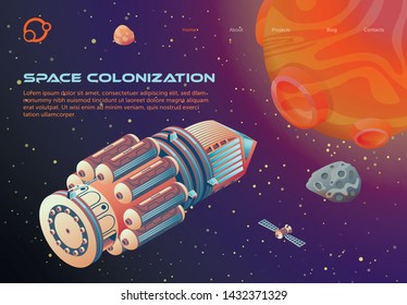 Banner Inscription Space Colonization Cartoon. Organization Colony Perspective. Space Ship Flying Towards Mars. Testing Ground for Large-scale Scientific Experiments. Vector Illustration.