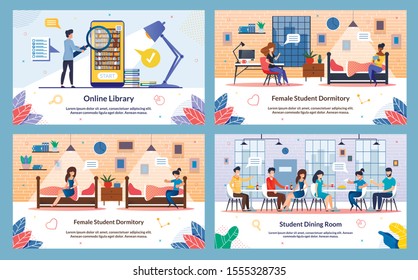 Banner Inscription, Student Dining Room. Set Vector Illustration Online Library, Female Student Dormitory. Girls are Sitting on their Beds Dormitory in Evening and have Fun Talking. 