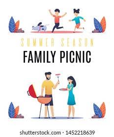 Banner Inscription Summer Season, Family Picnic. Husband and Wife Cook Sausages on Barbecue, Children Run and have Fun with Dog. Family has Fun at Picnic. Vector Illustration on White Background.