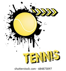 Banner the inscription  tennis on the background abstract  tennis ball from blots. Grunge style. Vector illustration