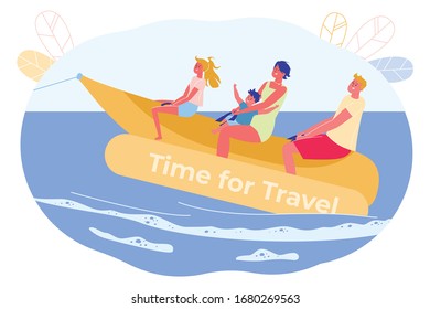Banner, Inscription Time for Travel, Cartoon. Family with Children Relaxing on Sea having Fun Riding Water Banana. Summer Vacation on Ocean. Popular and Fun Summer Fun on Water, Slide.