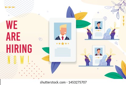 Banner Inscription we are Hiring Now Cartoon. Poster Criteria for Evaluating Job Seekers. Flyer Suitability Applicant and Decision on Hiring Particular Applicant. Vector Illustration.