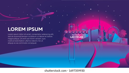 Banner inspired by 80s disco music, 3d background, neon, Las Vegas, Nevada at sunset, travel, tourism. Vector illustration