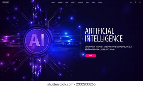 Banner with interface elements and artificial Intelligence computer database concept. Central Computer Processors CPU concept.