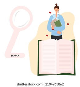 banner interface of the search page of the book library website with a woman. Flat vector illustration on a white background. Concept of a literary club with the personage of a book lover.