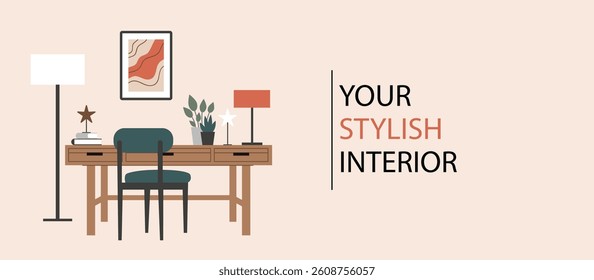 Banner interior design,home decor.A template with a space for the text.Flat vector illustration.