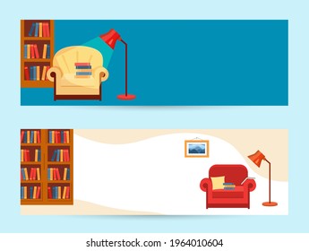 Cartel con la biblioteca interior. Habitación con biblioteca, silla y lámpara de lectura. Ilustración vectorial al estilo de las caricaturas.