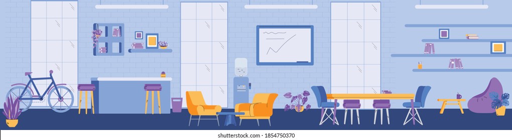 Banner with interior of modern open coworking space in office or center. Empty workspace for work in room co-working studio. Vector illustration.
