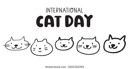 Banner. International cat day. Cute cat faces. Vector outline design. Illustration on white background.