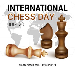 Banner International Chess Day. Black king of pieces and white king defeated. The figure of a black horse. 3D realistic style. vector