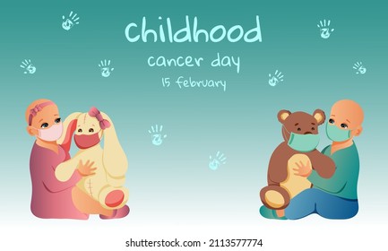 banner for the International Day of Childhood Cancer with a boy and a girl in protective masks and toys in their hands, in cartoon style