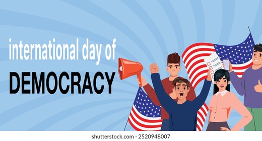 Banner for International Day of Democracy featuring young people with vote papers, megaphone, and cellphone